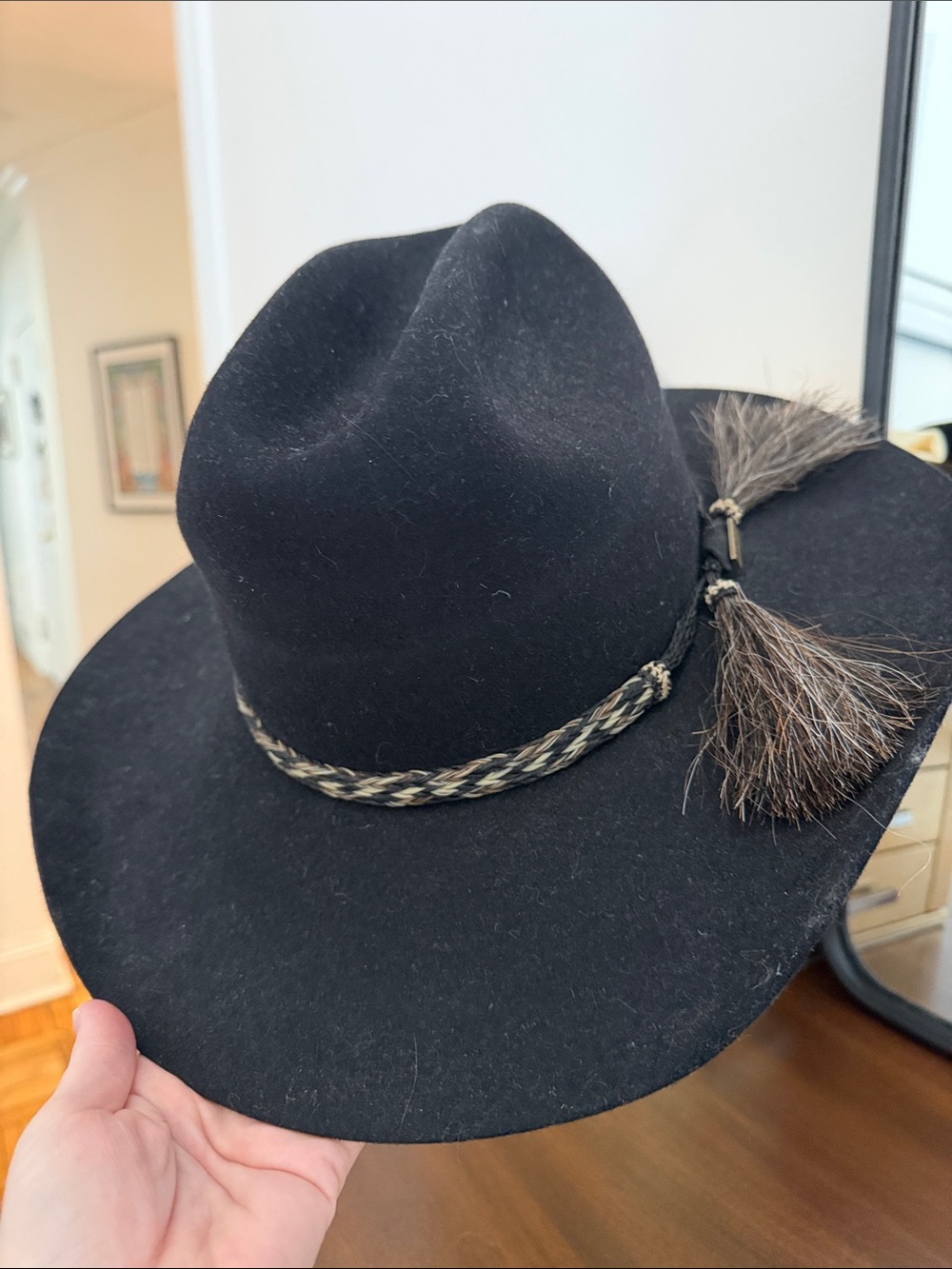 Black Wide-Brim Felt Cowboy / Cattleman Hat with Braided Band and Tassel